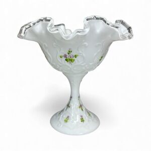 Fenton Silver Crest Spanish Lace Violets in the Snow Footed Candy Compote Signed